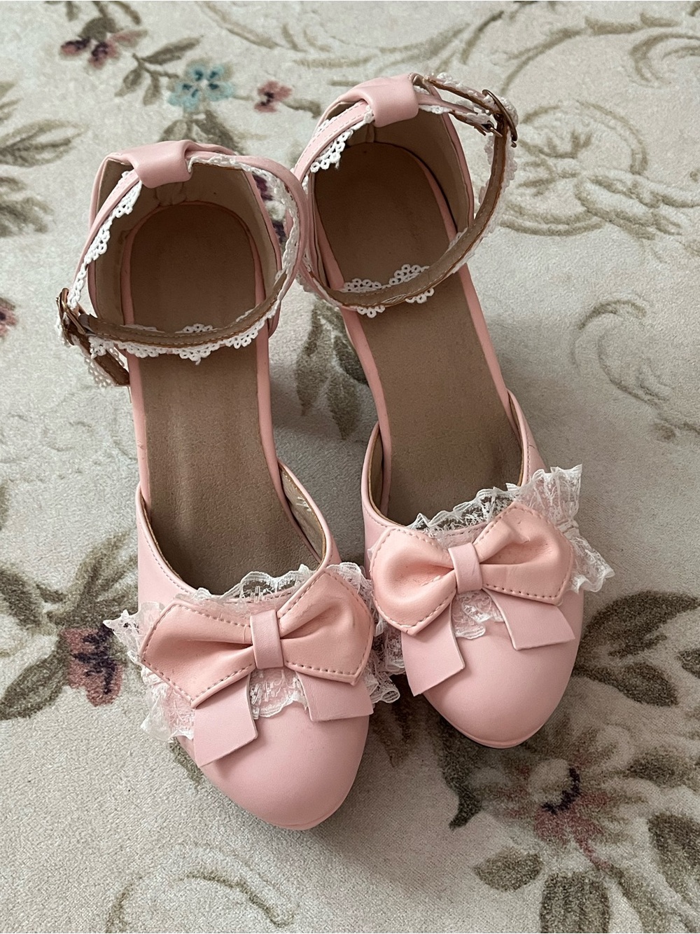 Women's Pink Bow Lace Ankle-Strap Heels